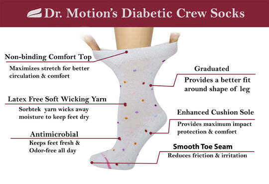 Dr Motion Womens Comfort Non-Binding Half-Cushion Crew Diabetic Socks (2 pairs)