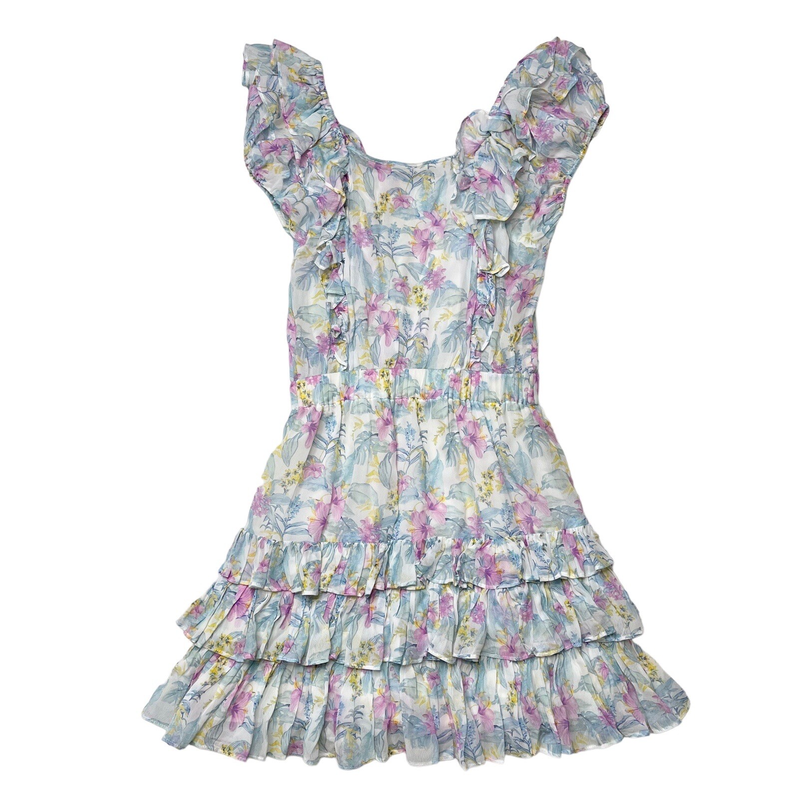 LOVESHACKFANCY Womens Dress Size XS Ivoire Floral Chiffon Mini white ruffle Blue