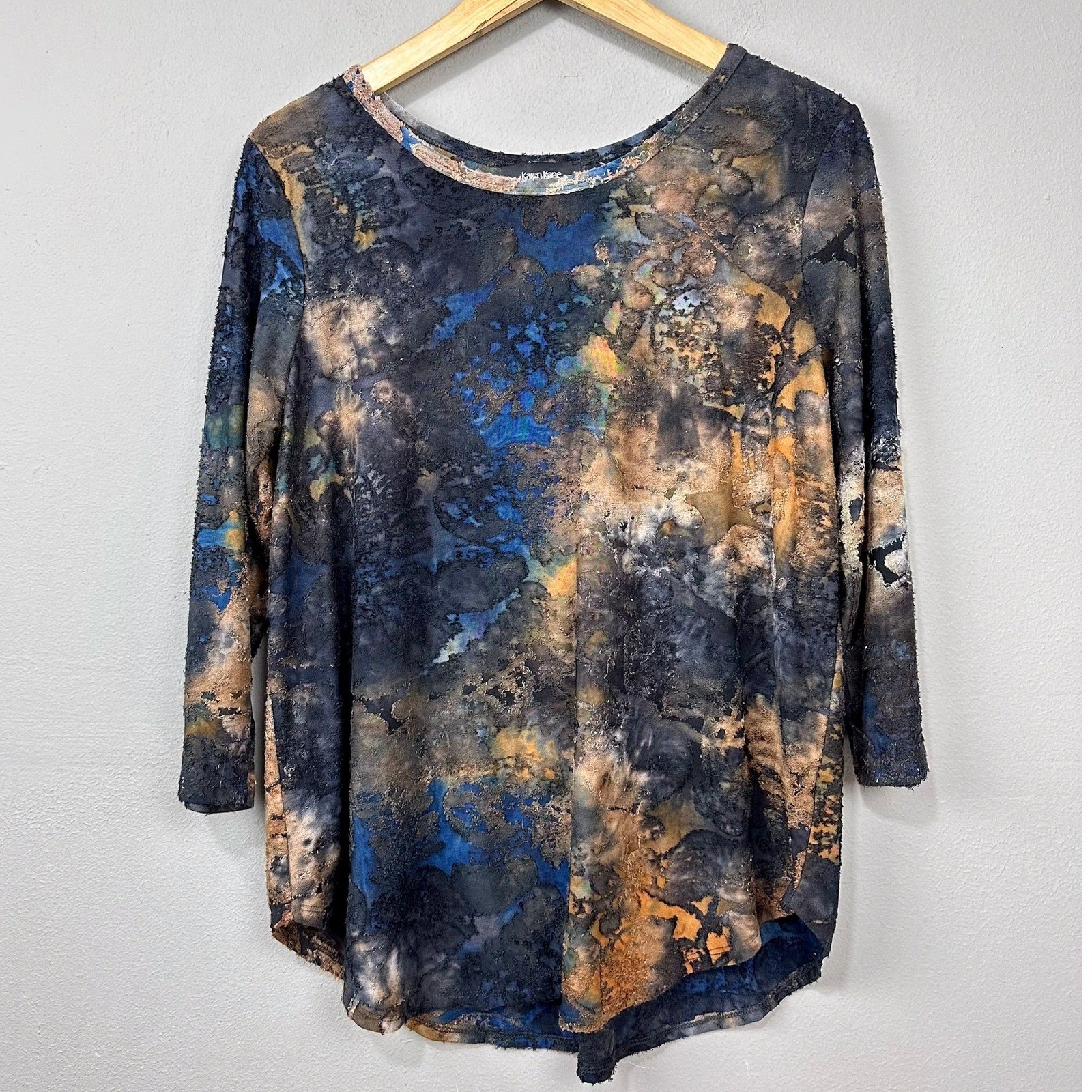 Karen Kane Knit Top Womens Size XL Blue Brown Abstract Artsy Flocked Industrial