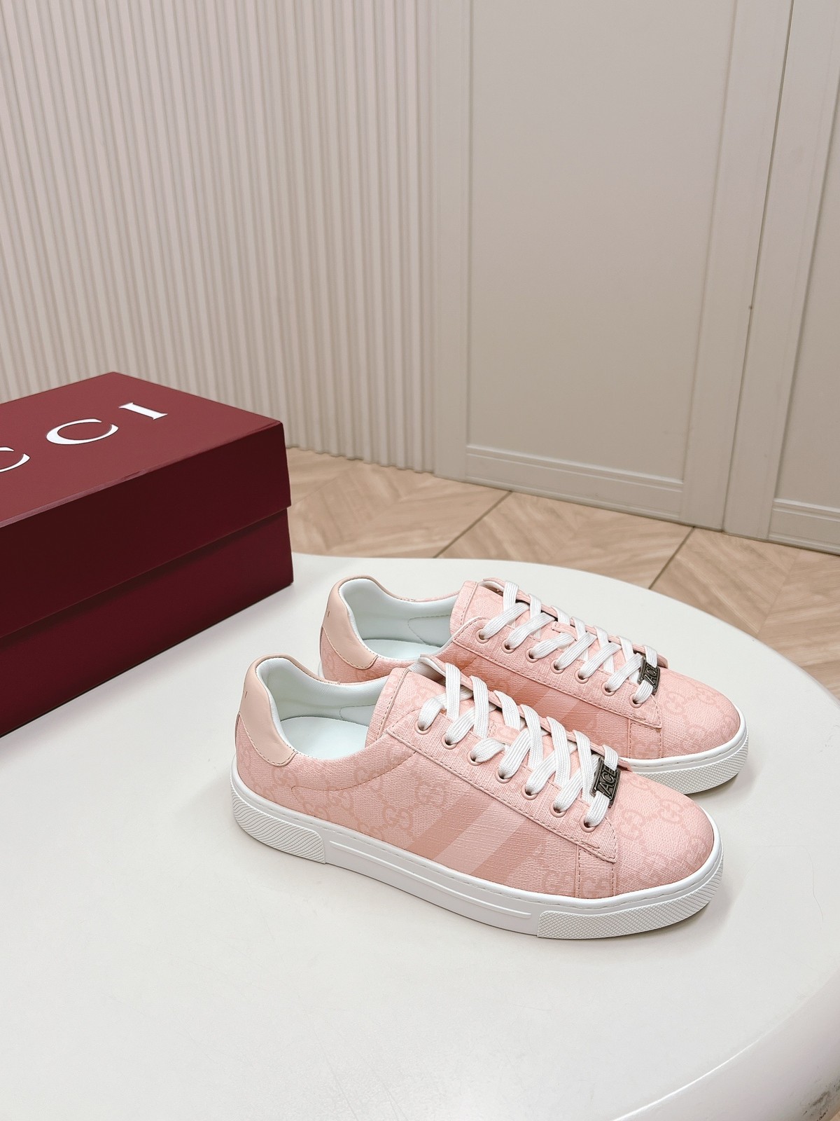 Gucci Ace Pink GG Supreme Canvas Sneakers Women White Web Stripe Low Top Shoes