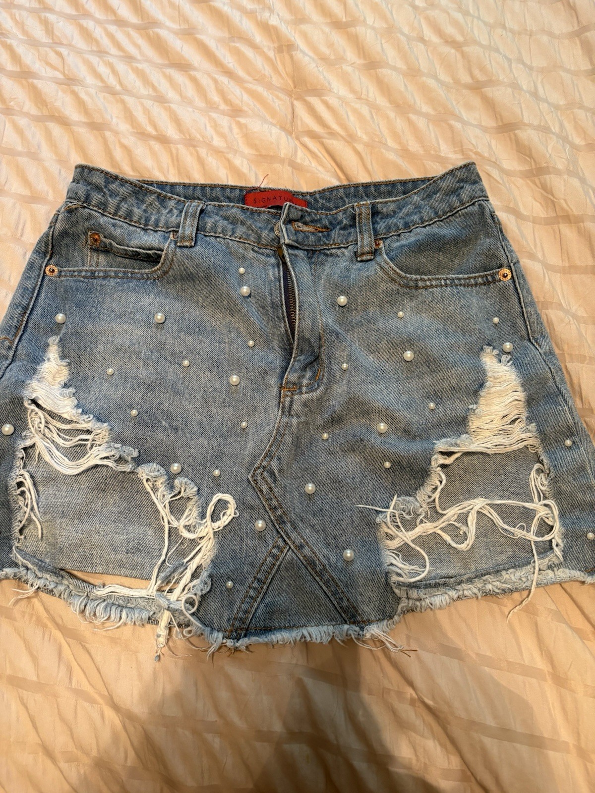 Signature Women’s Blue Denim Cut Off Skirt Pearl Accents Pockets Size S
