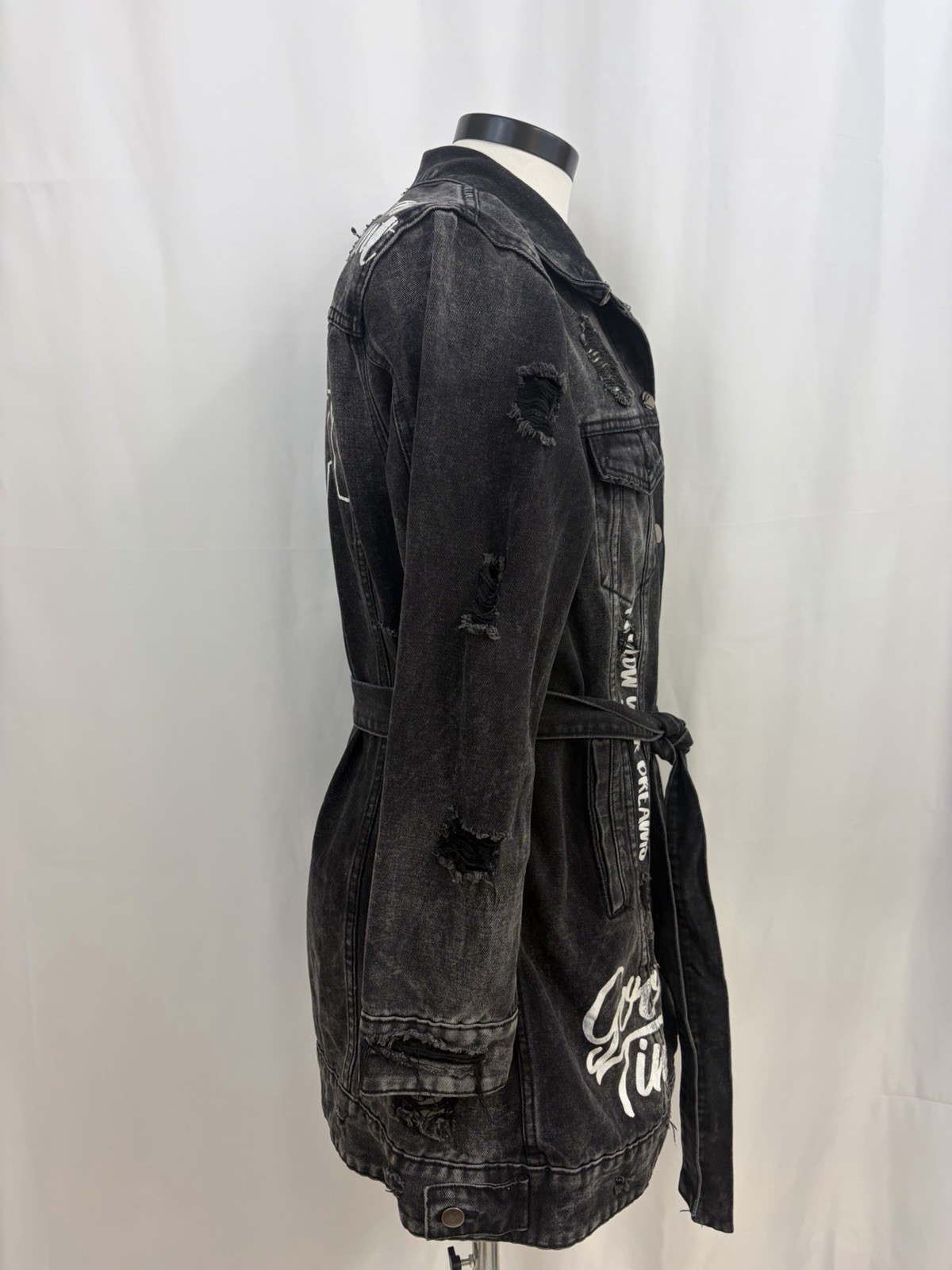 American Bazi Black Distressed Denim Jacket Dress Size M Belted Good Times