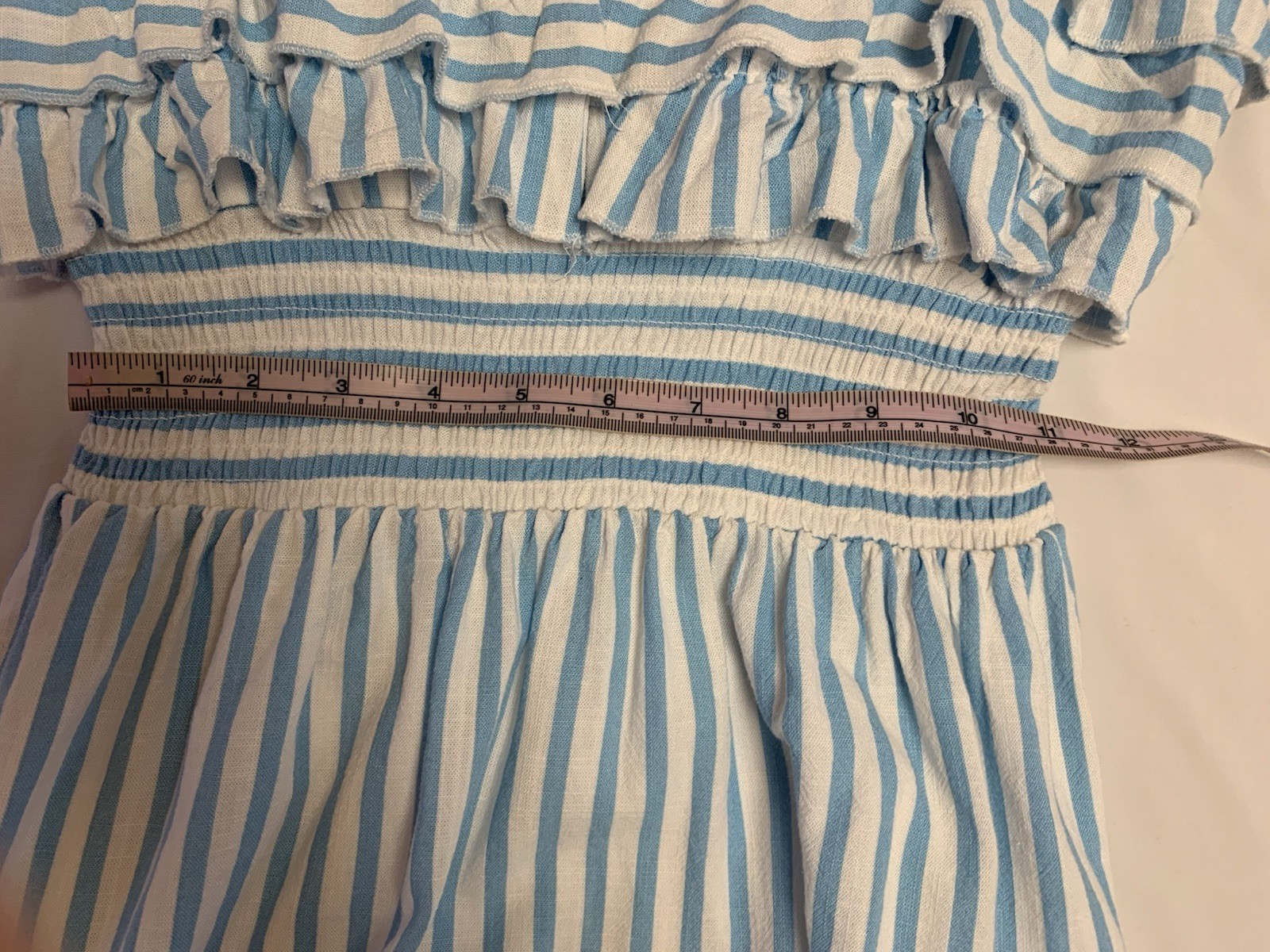 Aqua long turquoise and white striped dress with ruffles size S rayon