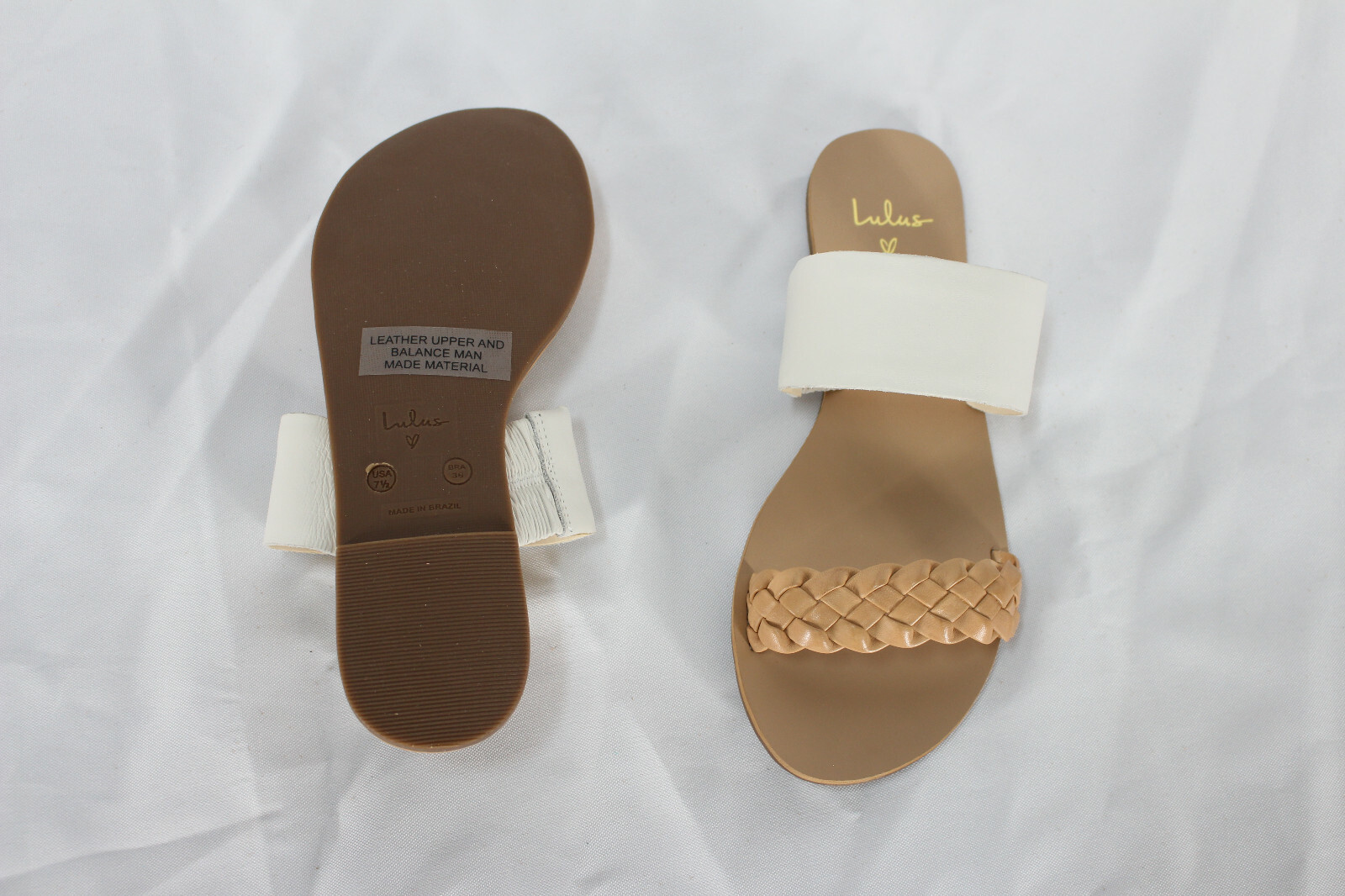 Lulus Leather Slide Sandals – White & Tan Nappa – Caylee 85298 Lulu’s Brazil