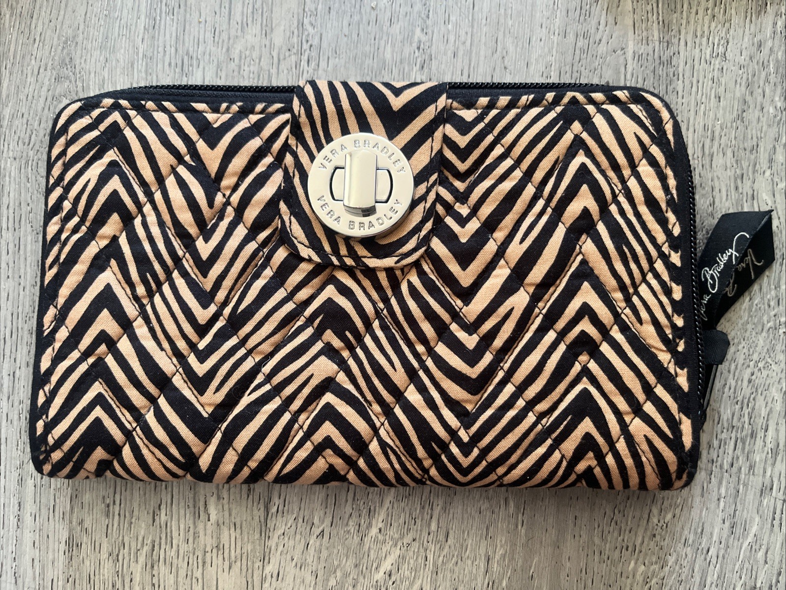 Vera Bradley Women’s Black Tan Zebra Animal Print Turn Lock Zip Around Wallet