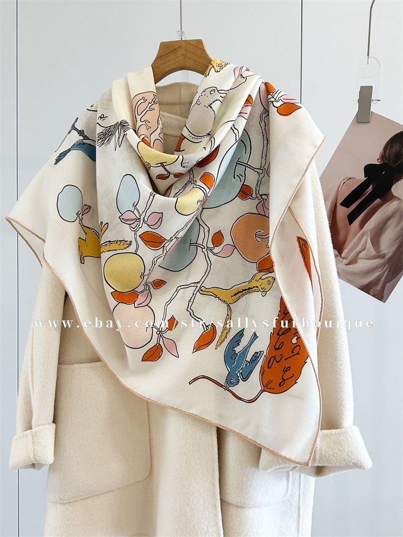 Sallys 70% Cashmere 30% Silk Wrap Scarf Apple Trees Print 2 Face Shawl 53″ Cream