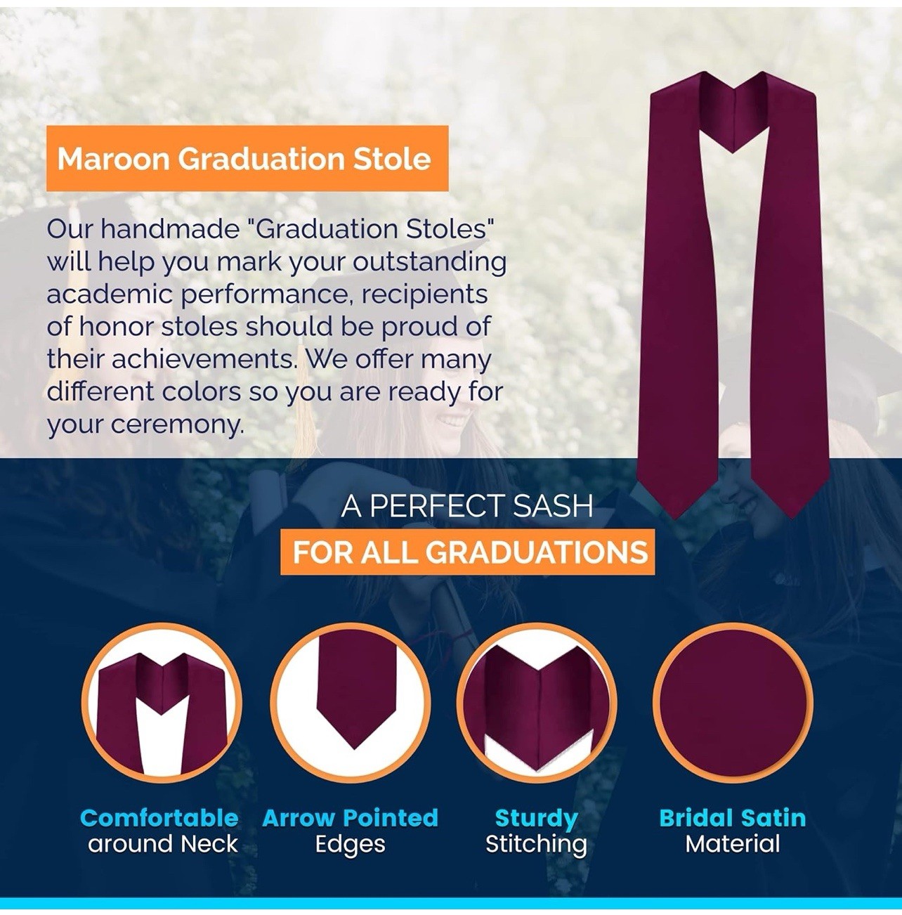 Clerkmans Unisex Adult 62” Long Plain Graduation Stole Sash Maroon