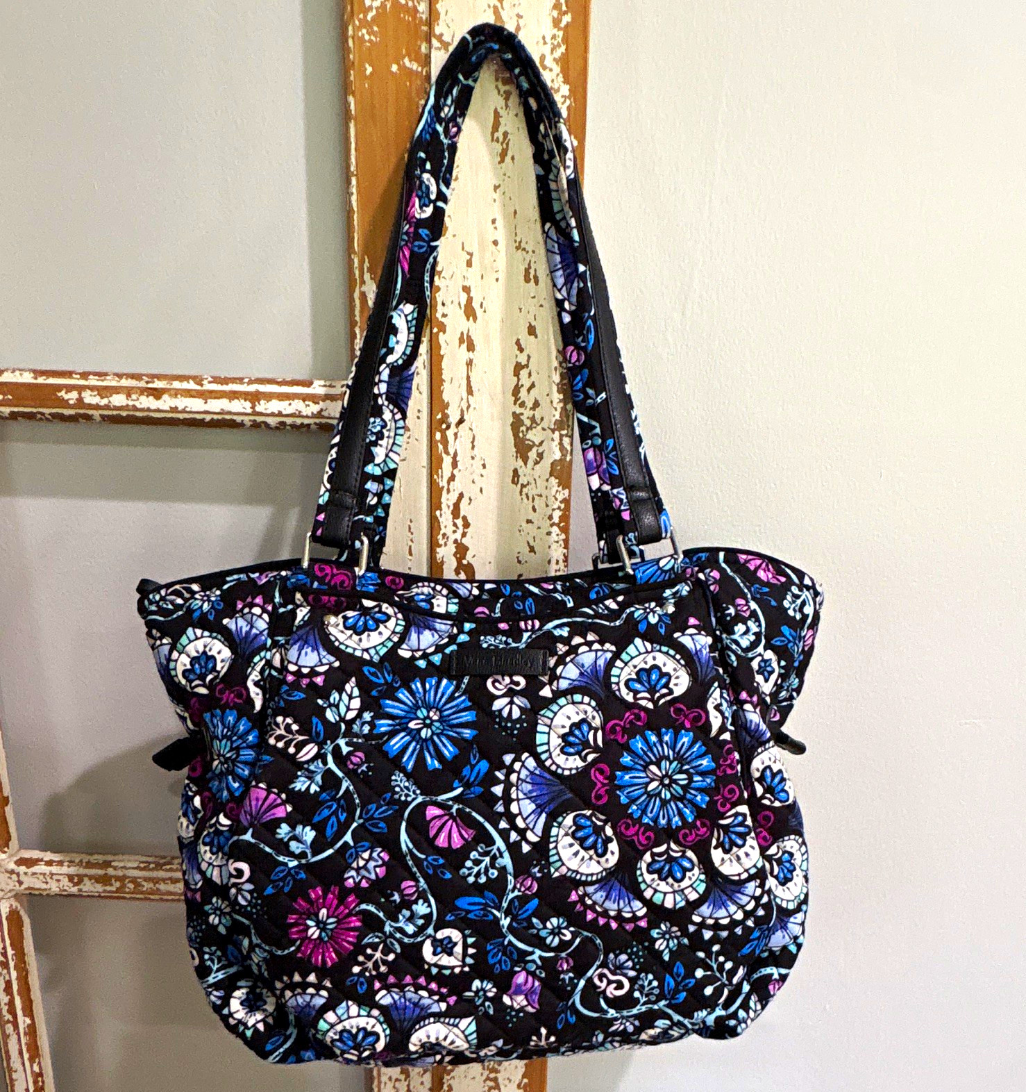 Women’s Floral Quilted Zip Top Tote Bag, Lined, Silver Hardware, Multicolor
