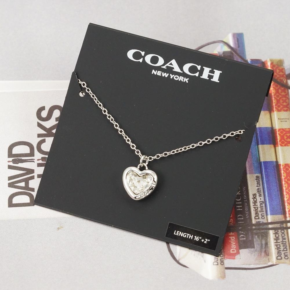 NWT Coach Stone Heart Necklace Clear Silver Tone