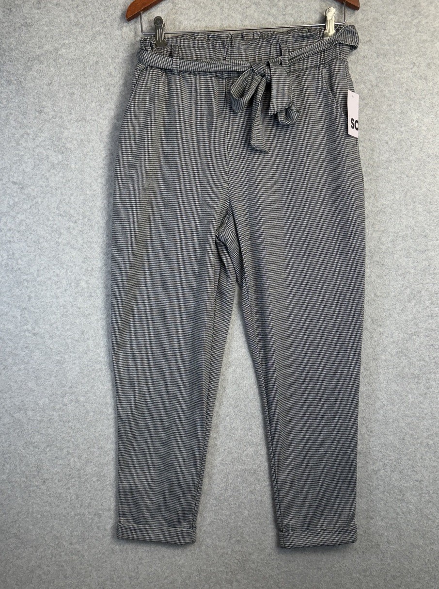 NWT SO Goods For Life Houndstooth Paperbag Pants L Black White Tie Waist