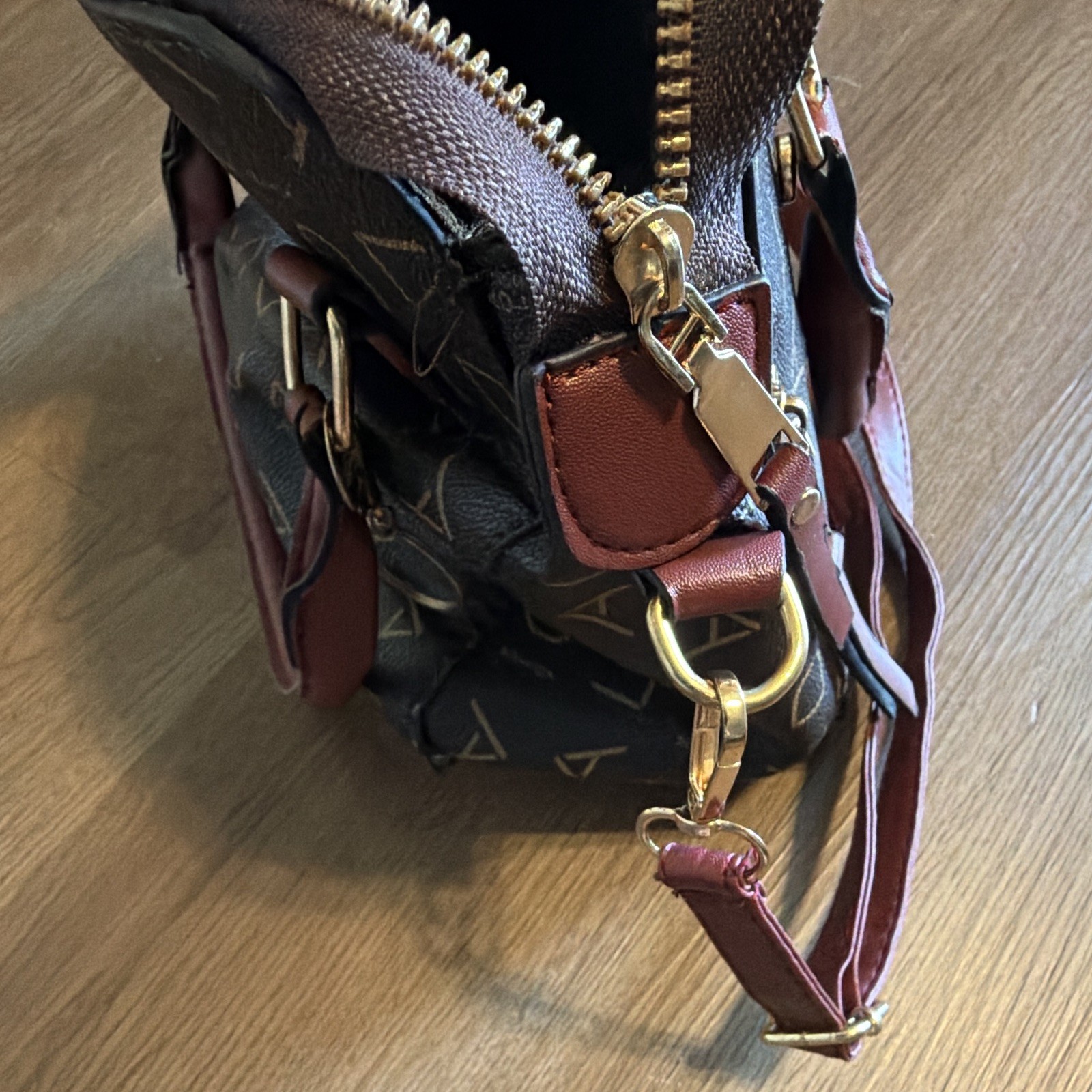 Women’s Brown Geometric Satchel Top Handle Zip Detachable Strap