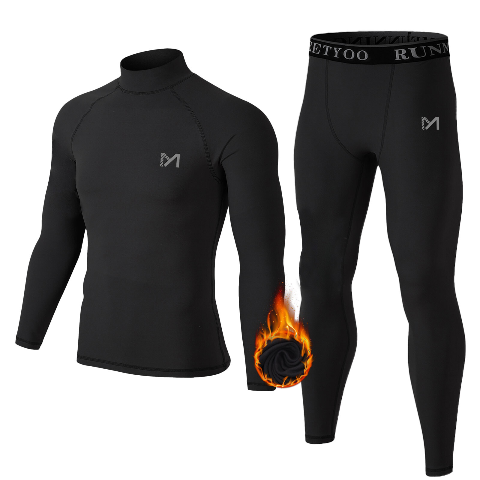Mens Fleece Lined Thermal Long Johns Top Bottom Underwear Set Winter Turtleneck