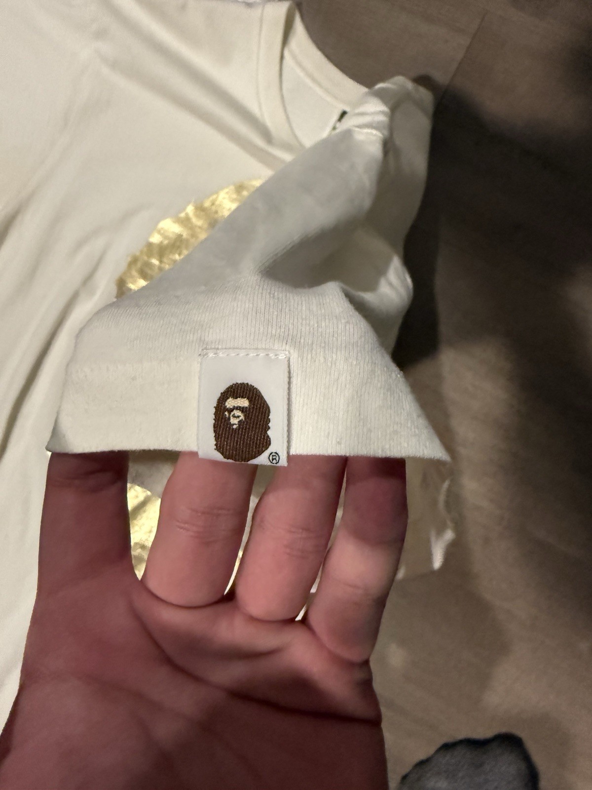 BAPE A Bathing Ape Gold Foil Ape Head T-Shirt White Size L Front Back Graphic