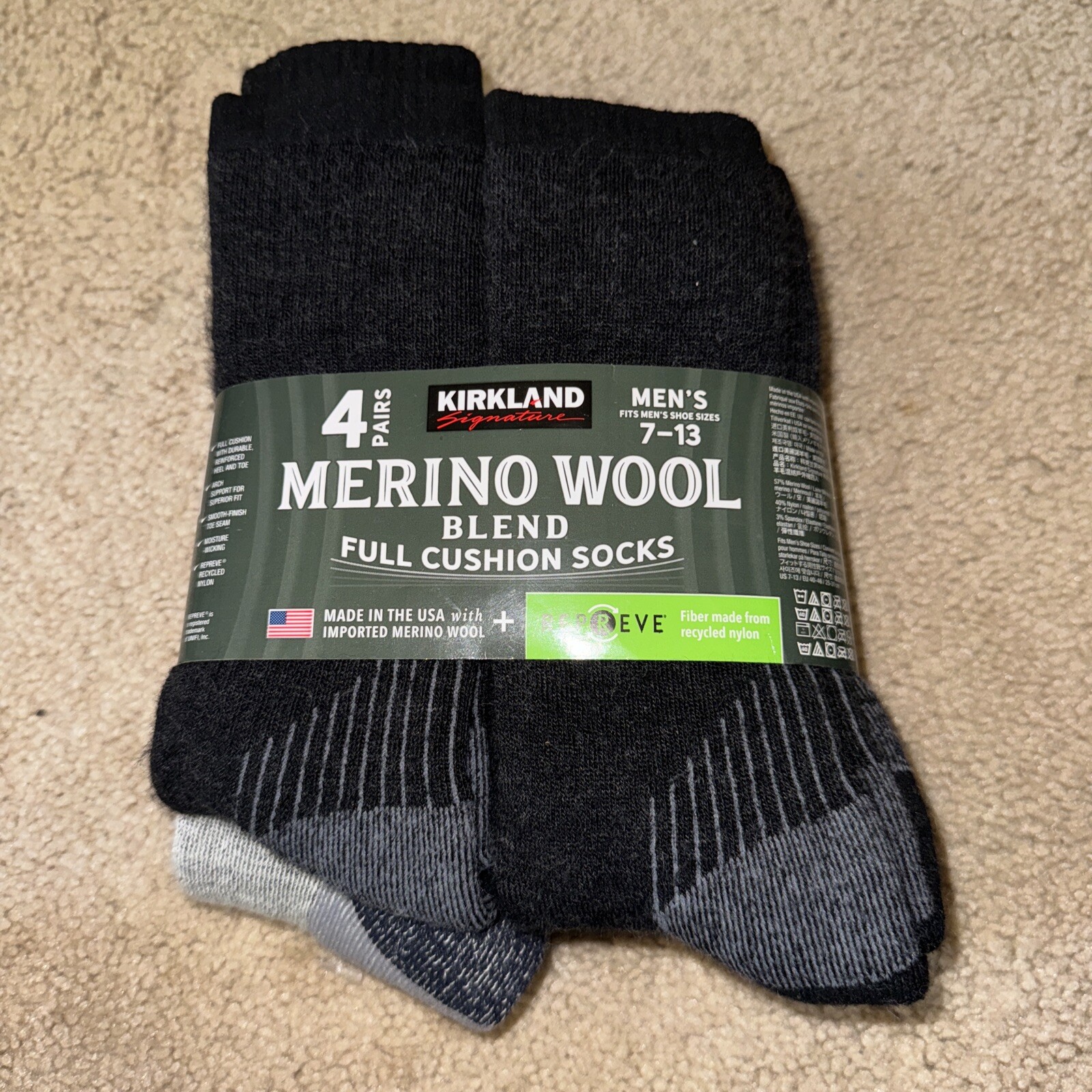 Kirkland Signature 4 Pairs Wool Socks for Men, Size 7-13, Made In The USA