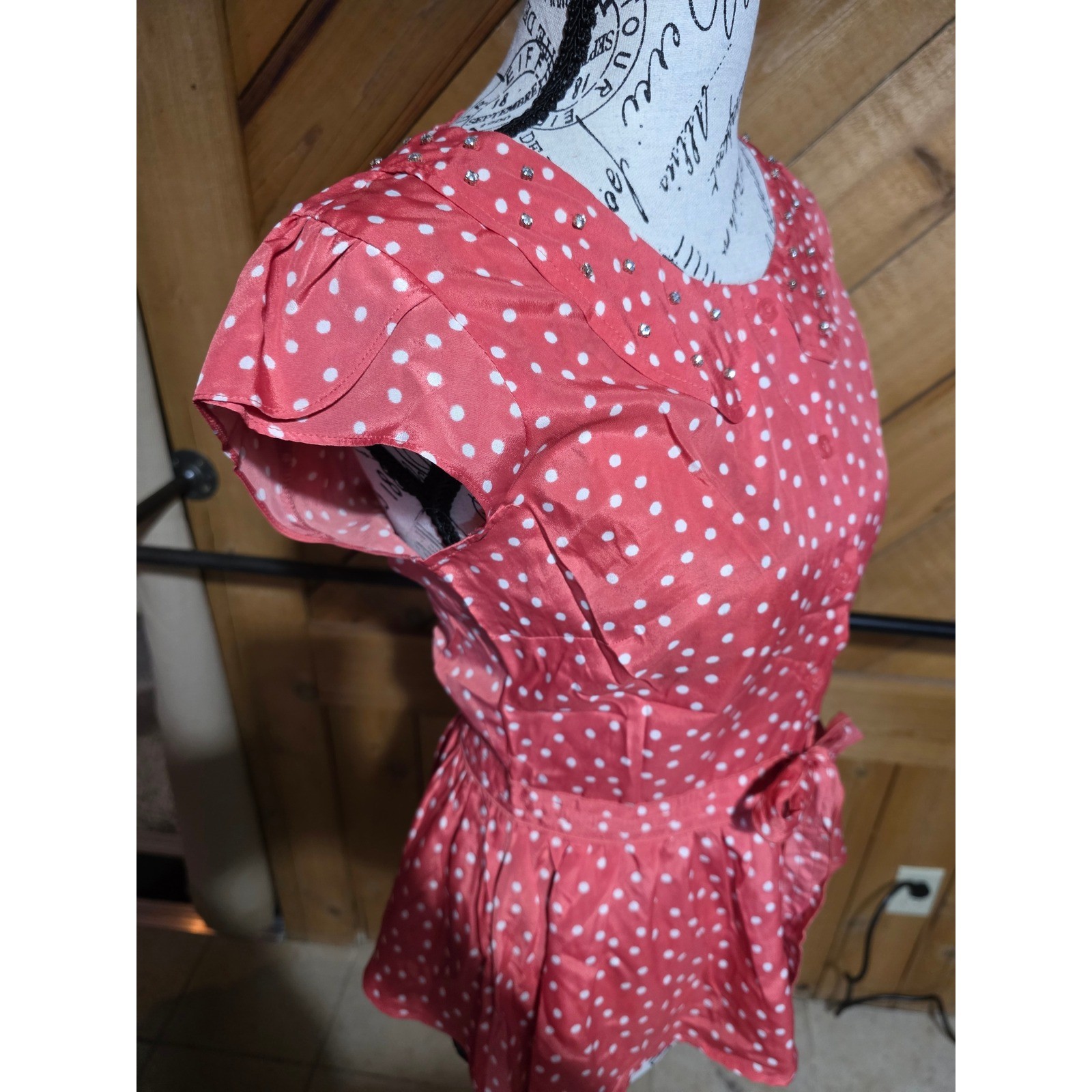 LC Lauren Conrad Polka Dot Peplum Blouse Berry Pink Rhinestone Collar S NWT