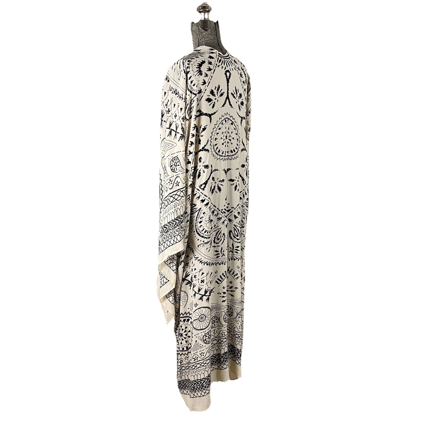 Angie Long Kimono Duster Ivory Black Print Women OS Boho Chic Beachcore Festival