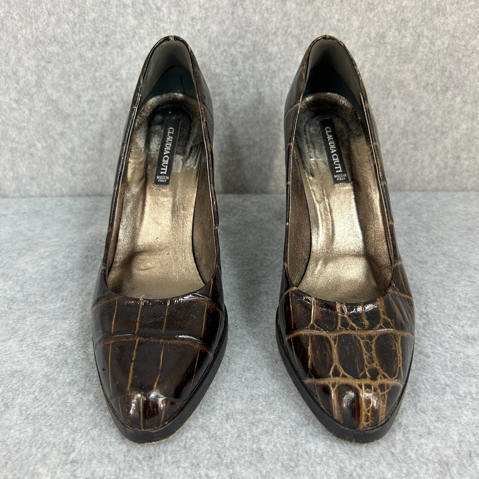 Claudia Ciuti Sz 7.5 Brown Almond Toe Crocodile Print Heels Pumps Block Vintage