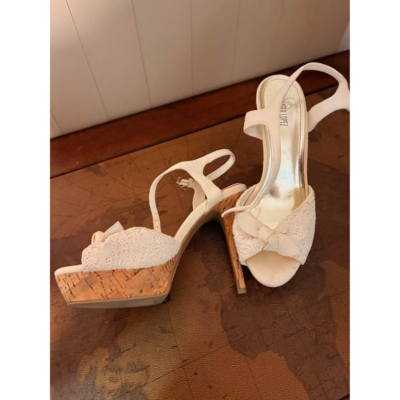 JLO cork sling back heels – off white 8.5 10” L 4” W 5” heel, 1” toe lift