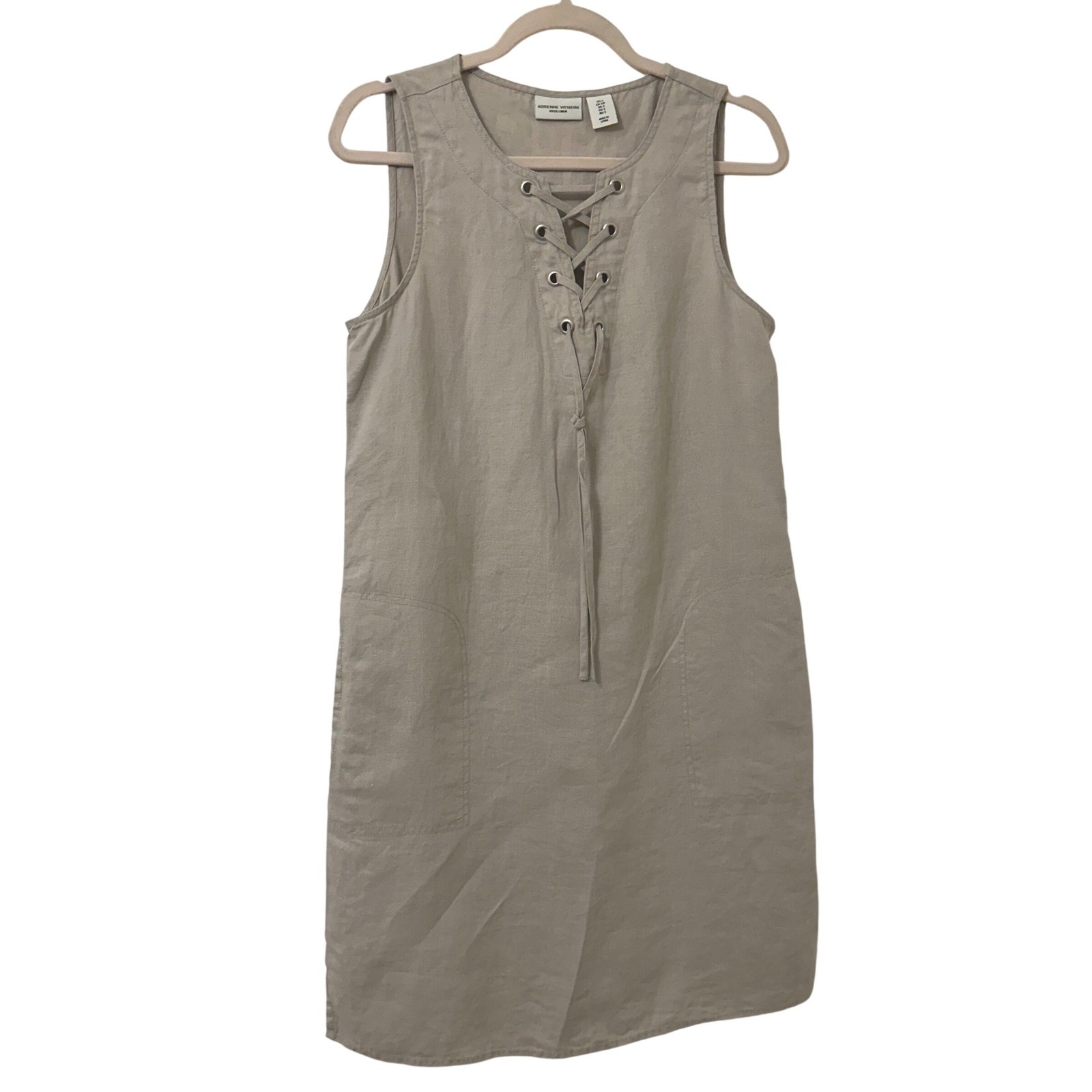 Adrienne Vittadini Womens 100% Linen Lace Up Sleeveless Shift Dress Beige Small