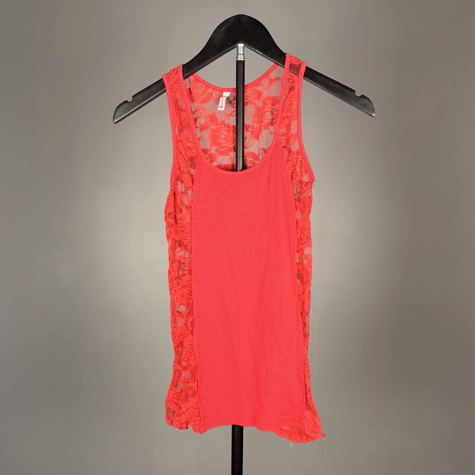 Vintage Voice Red Floral Lace Ribbed Tank Top Sleeveless Y2K Stretch Size Large