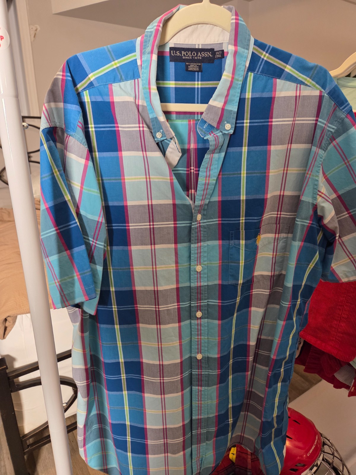 US POLO Men’s Cotton Short Sleeve Button Down Shirt Orange Plaid 2XL.