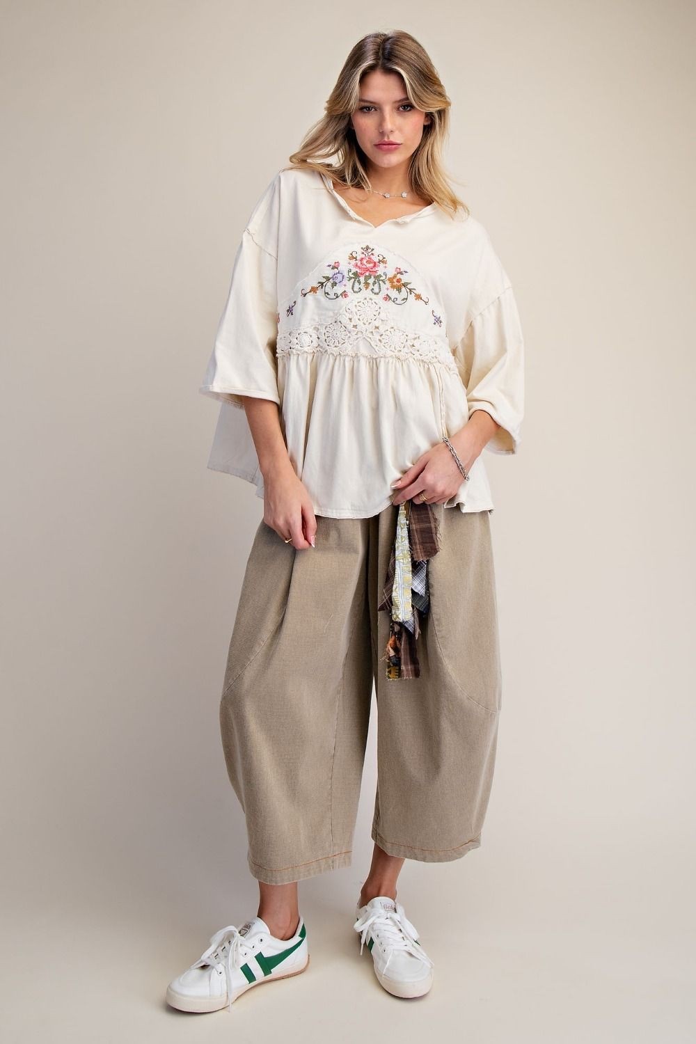 Easel Embroidered Floral Crochet Lace Top in Natural