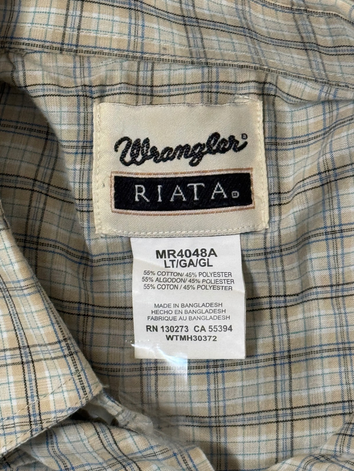 Wrangler Shirt Mens LT Short Sleeve Button Down Plaid Riata Beige Tan Classic