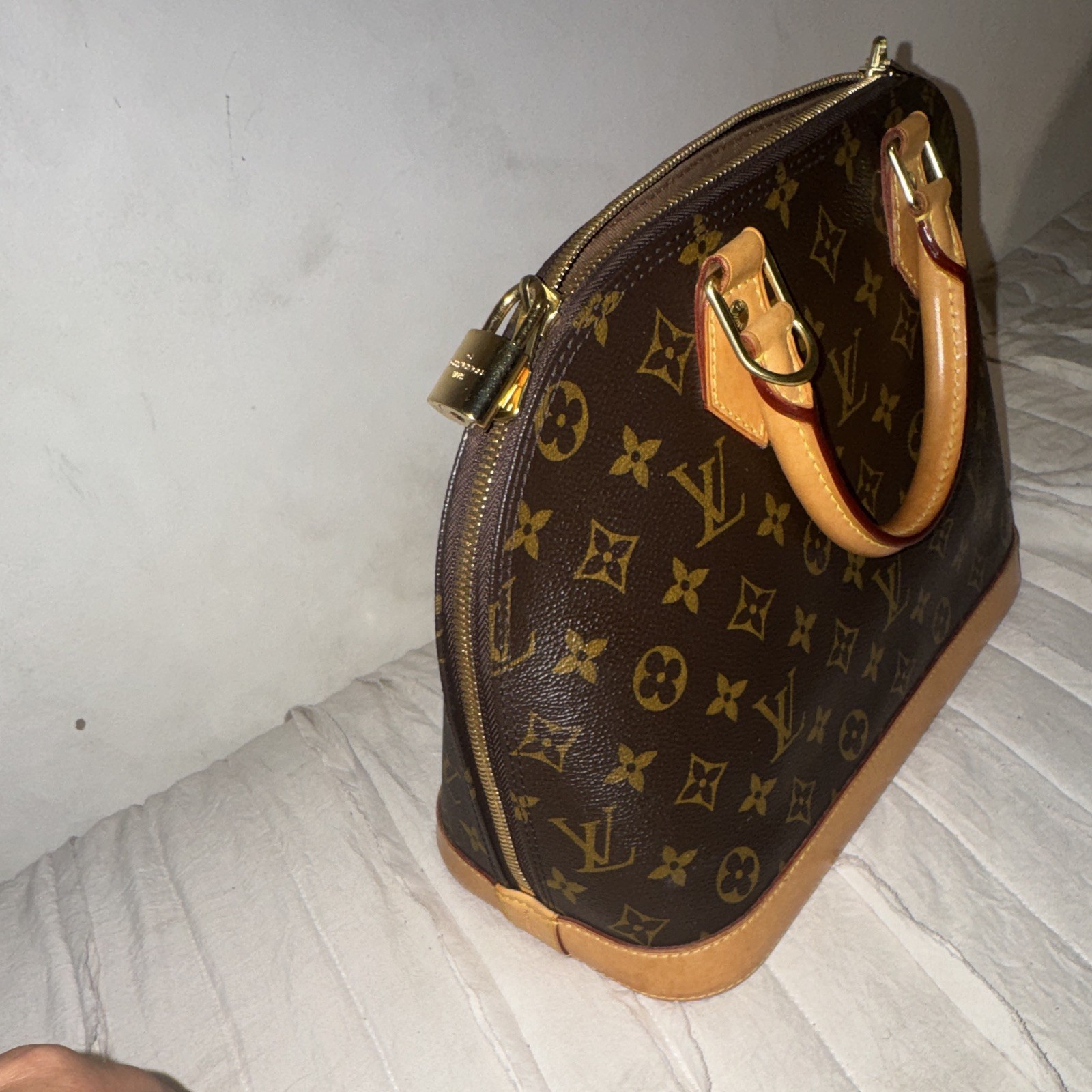 Louis Vuitton Monogram Alma Top Handle Satchel Brown Tan Gold Hardware Lock