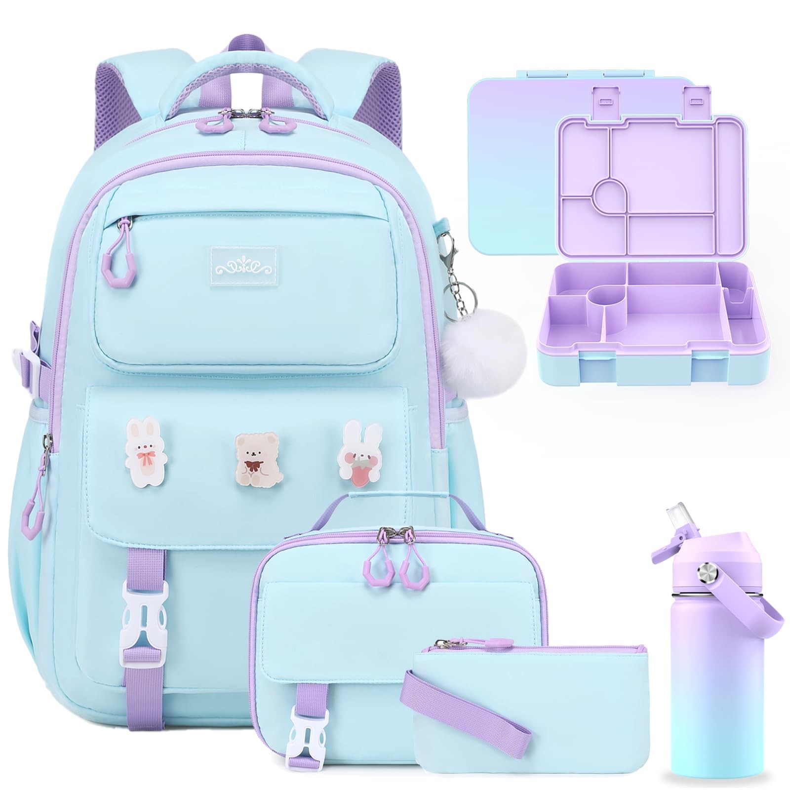 Girls Backpack Set 18.5×12.6×7.5in with Lunch Box & Water Bottle – Perfect
