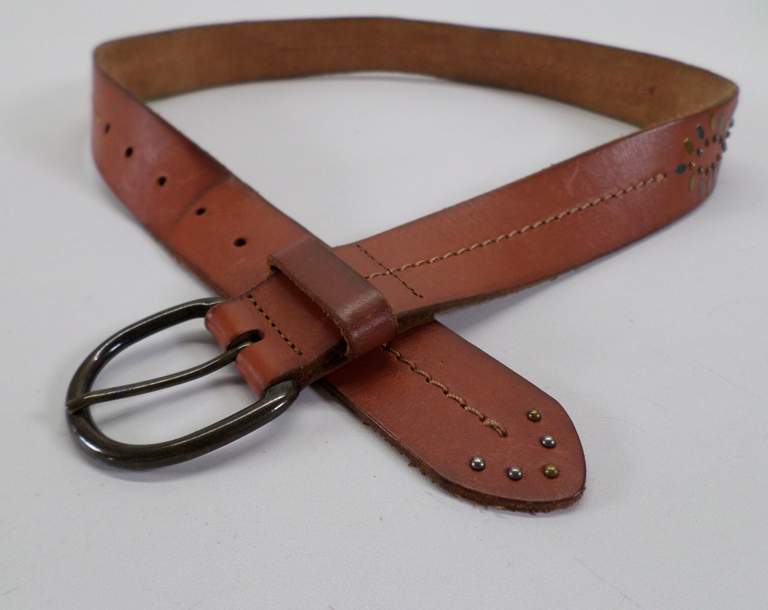 Studded Leather Belt 30 32 34 Brown