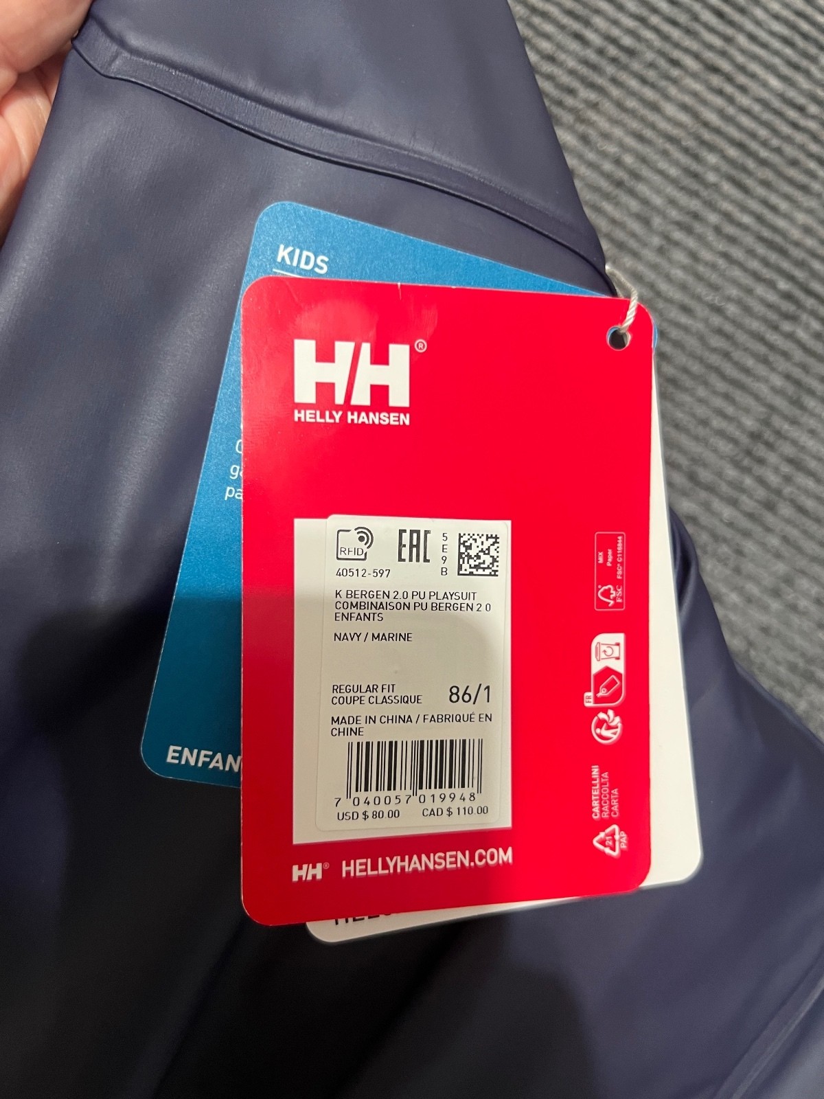 NWT – Helly Hansen Kids Waterproof Rain Suit – Navy Blue, Size 86/1 – 1 year old