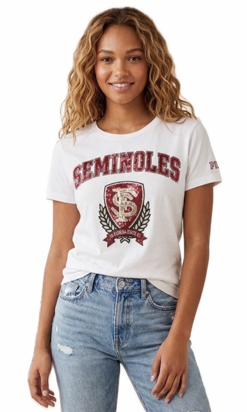 VICTORIAS SECRET PINK WOMEN XS FLORIDA STATE UNIVERSITY FSU BLING GRAPHIC TEE