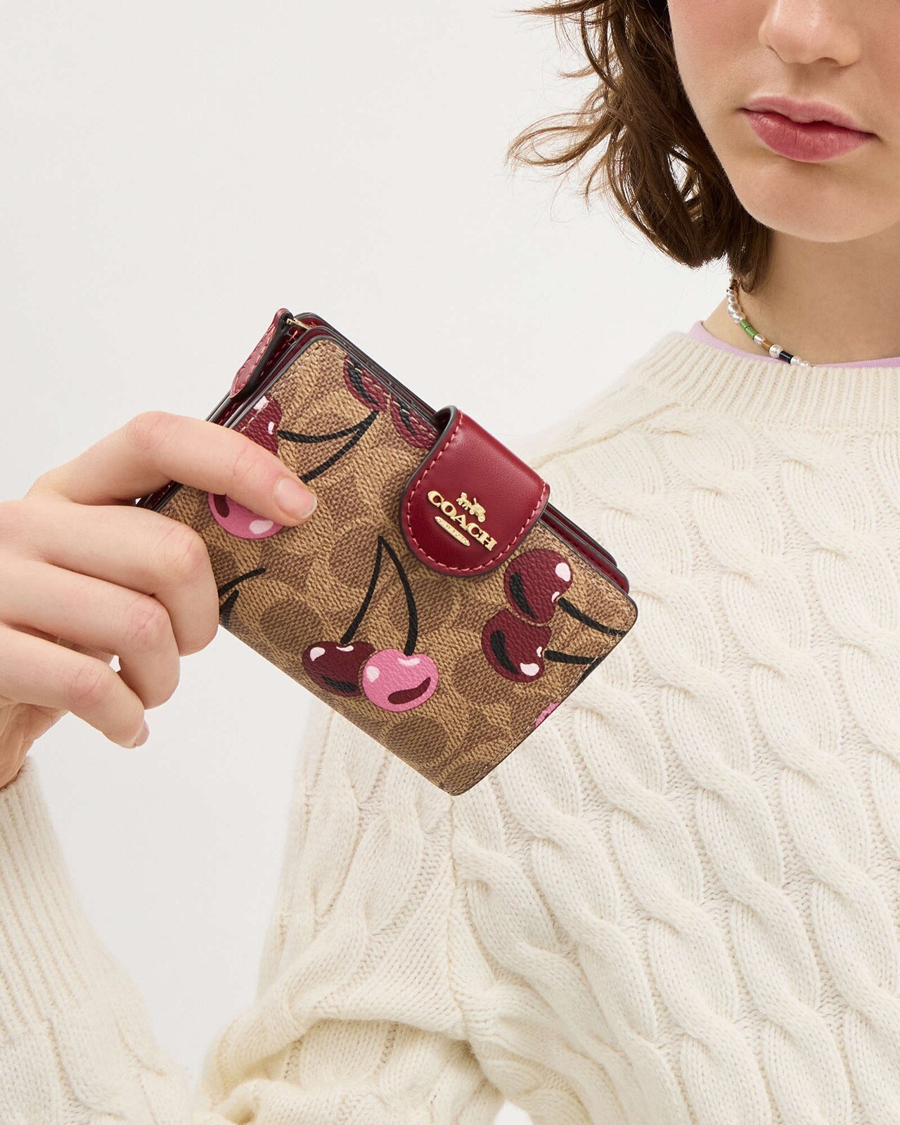 Coach Medium Corner Zip Wallet In Signature Canvas With Cherry Print CZ342 NWT