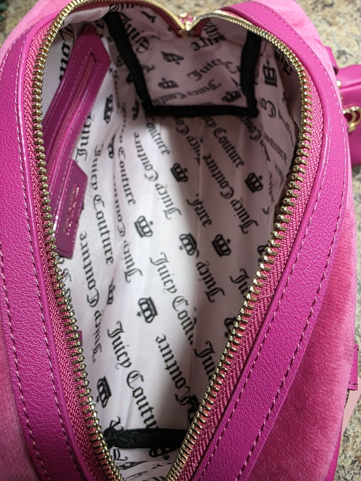 Juicy Couture Pink Logo Satchel Top Handle Zip Rhinestone Charm Gold Hardware