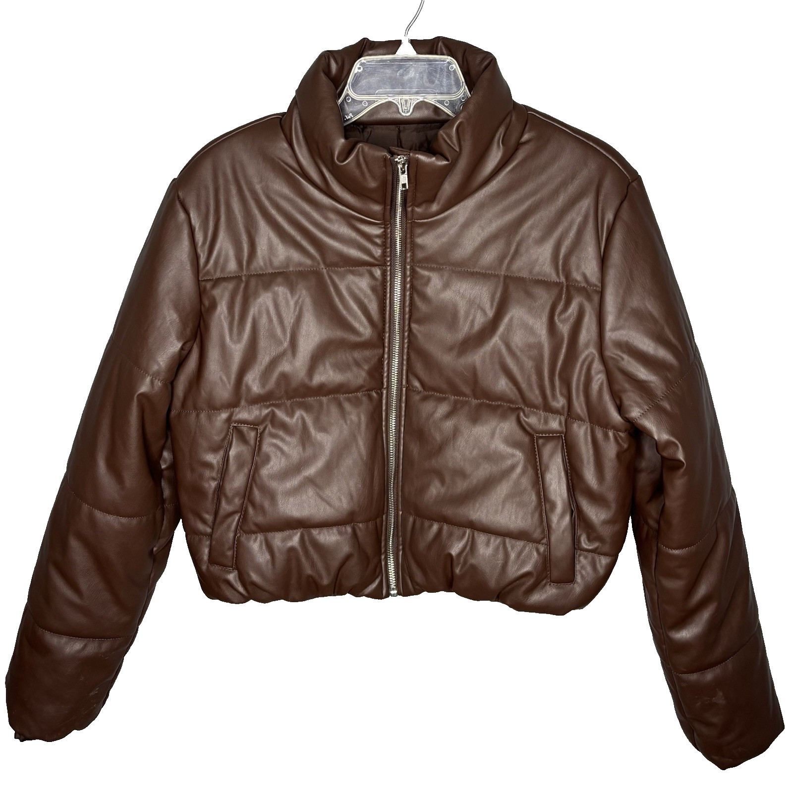 Ambiance Outerwear Puffer Coat Women’s Large Brown Cropped Zip Up Jacket Short