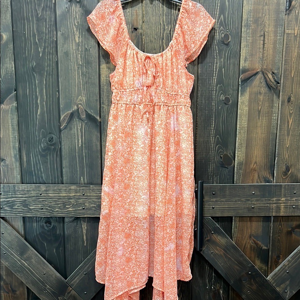 Dizzy Lizzy Coral White Midi Dress XL Handkerchief Hem Milkmaid Cottagecore Boho