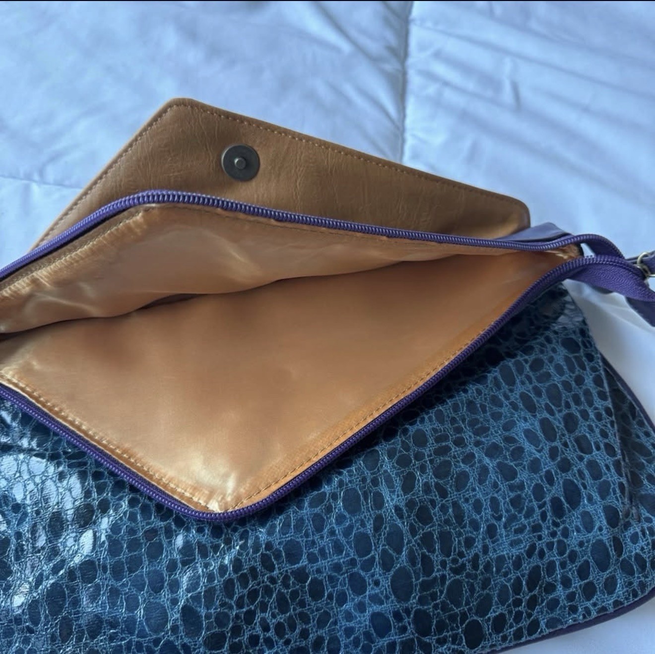 Teal Croc-Embossed Envelope Clutch – Colorblock | 4 Compartments | Brand New