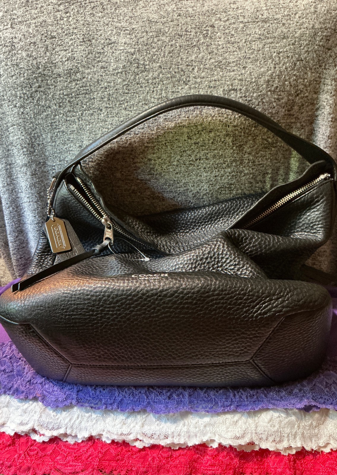Coach Bleecker Sullivan Black Pebble Grain Leather Zip Hobo Tote Satchel