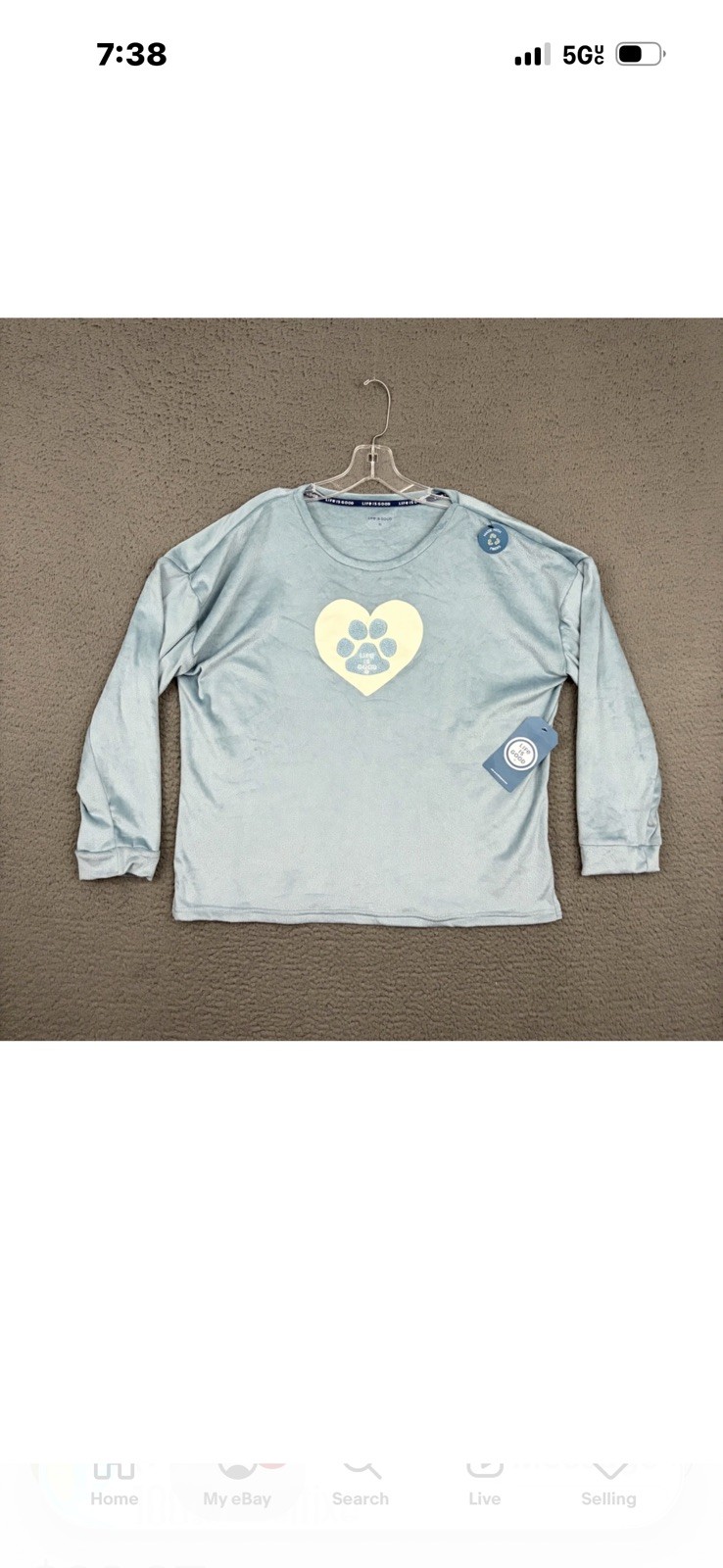 Life Is Good Sleep Sweatshirt Top Womens XL Blue Dog Heart Soft Velvet Pajama