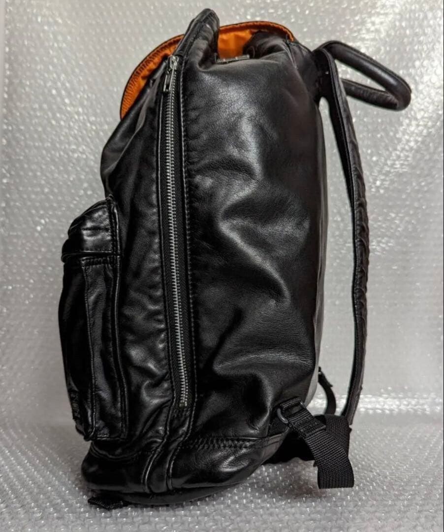 PORTER Tanker Leather Backpack Black Nylon Lined Zip Military Men Japan 43cm