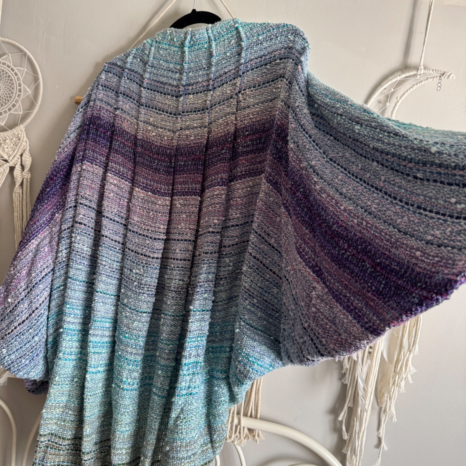Katherine Ancona HandWoven Cocoon Cardigan Purple Blue Ombre Boho Artisan Kimono
