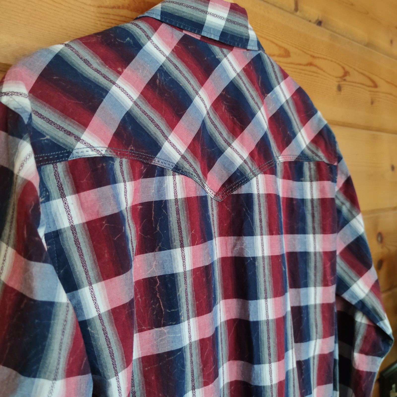 Wrangler Retro Western Plaid Pearl Snap Button Down Shirt Top Red Blue Sz Medium
