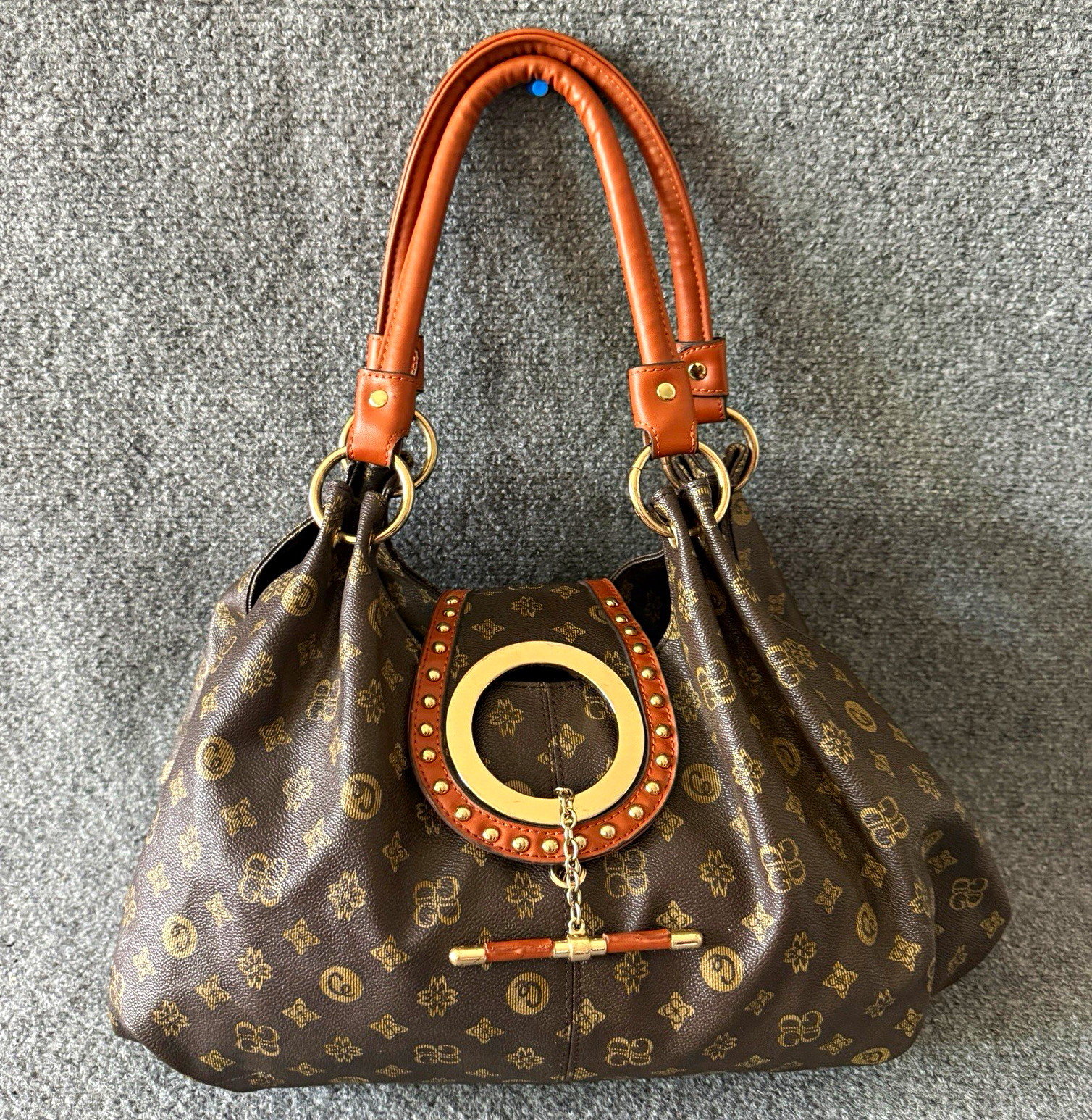 Brown Logo Print Satchel Top Handle Bag Double Handles Zip Gold Studded Accents