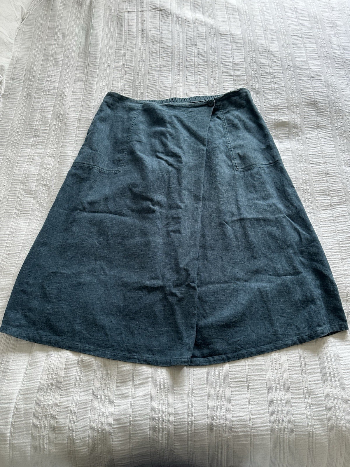 Seasalt Teal Blue Green Cotton Ramie Faux Wrap Midi Skirt Size 18 Pocket