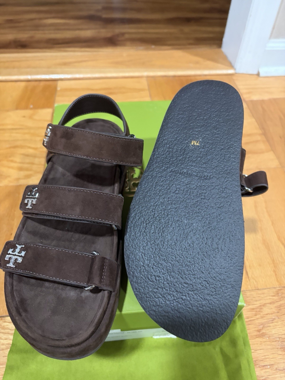 NWB Tory Burch Kira Triple Strap Suede Sandals Hook & Loop Brown/Silver Women 7