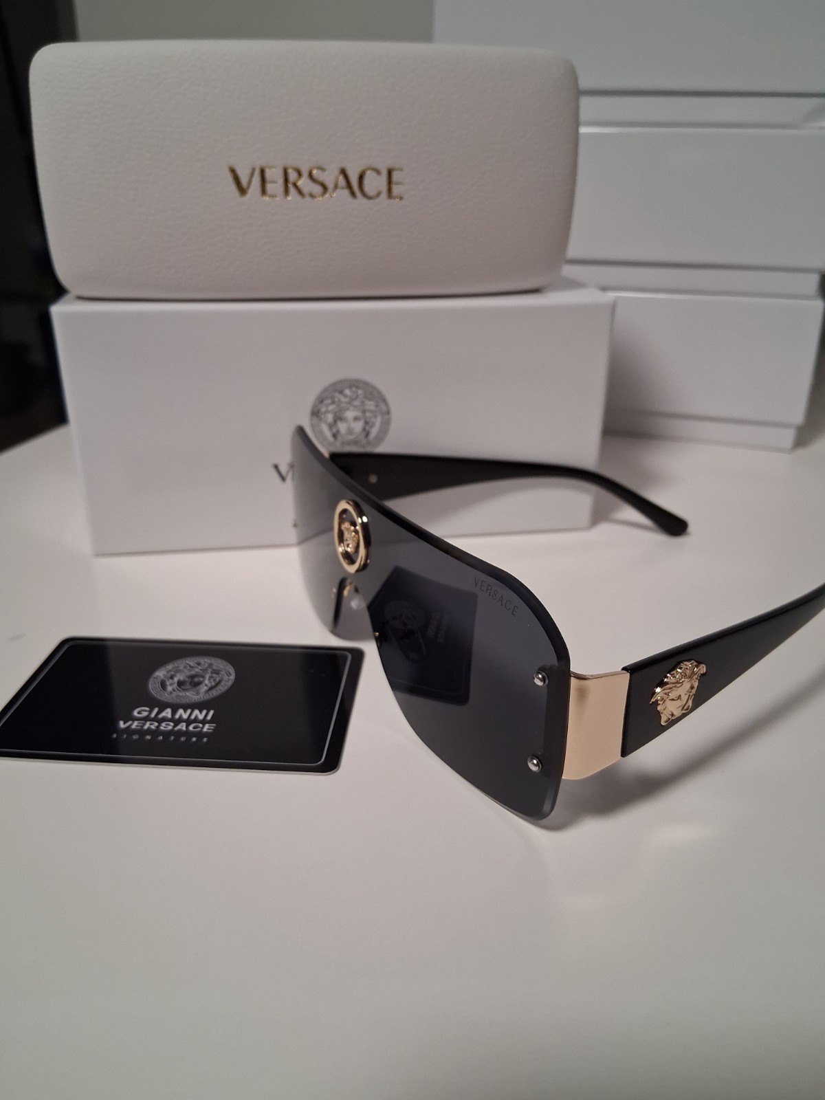 Versace Women’s Shield Sunglasses Black Plastic/Metal Frame/Gray Tinted