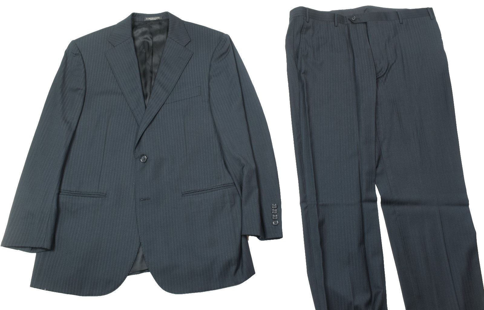 Corneliani Suit Mens 42R Black Blue Striped Wool Two-Button Classic Fit