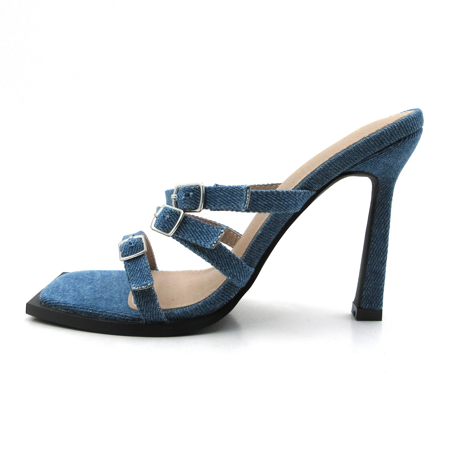 Glaze Women’s Denim Slip-On Mules with 3 Buckle Strap Accent 4 Inch High Heels