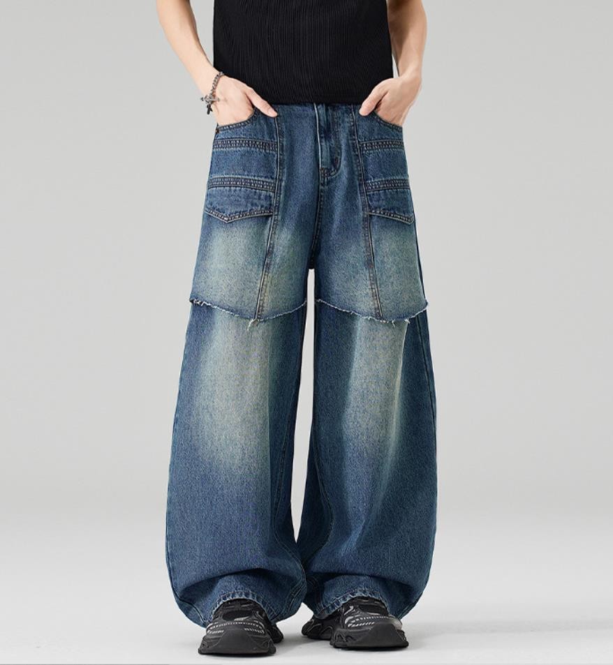 Men’s Dark Blue Denim Jeans Straight Leg Casual Pants Punk Hip Hop Trousers New