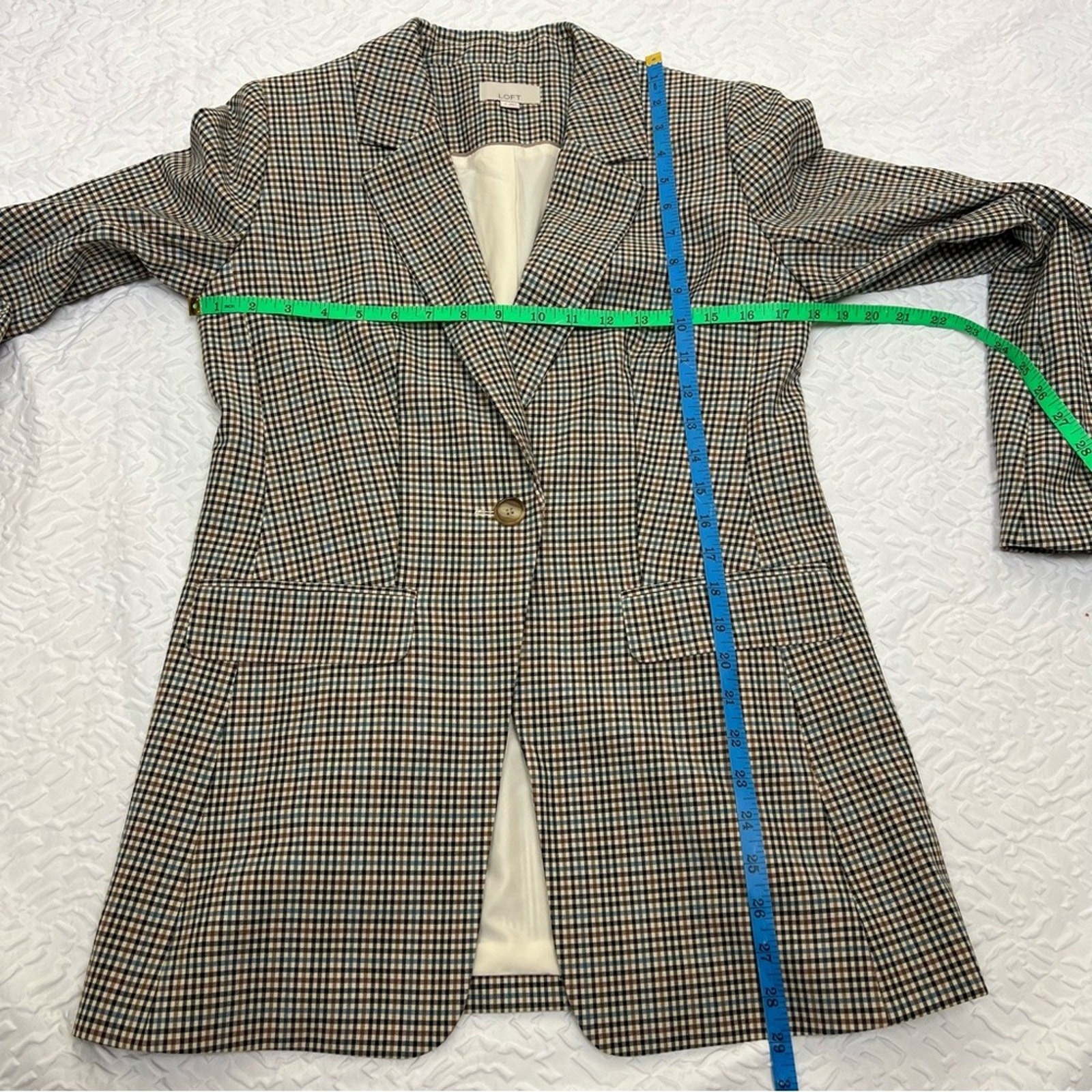 LOFT Checked Long Modern Blazer 2 Women’s Classic Brown Blue Tan Casual Chic